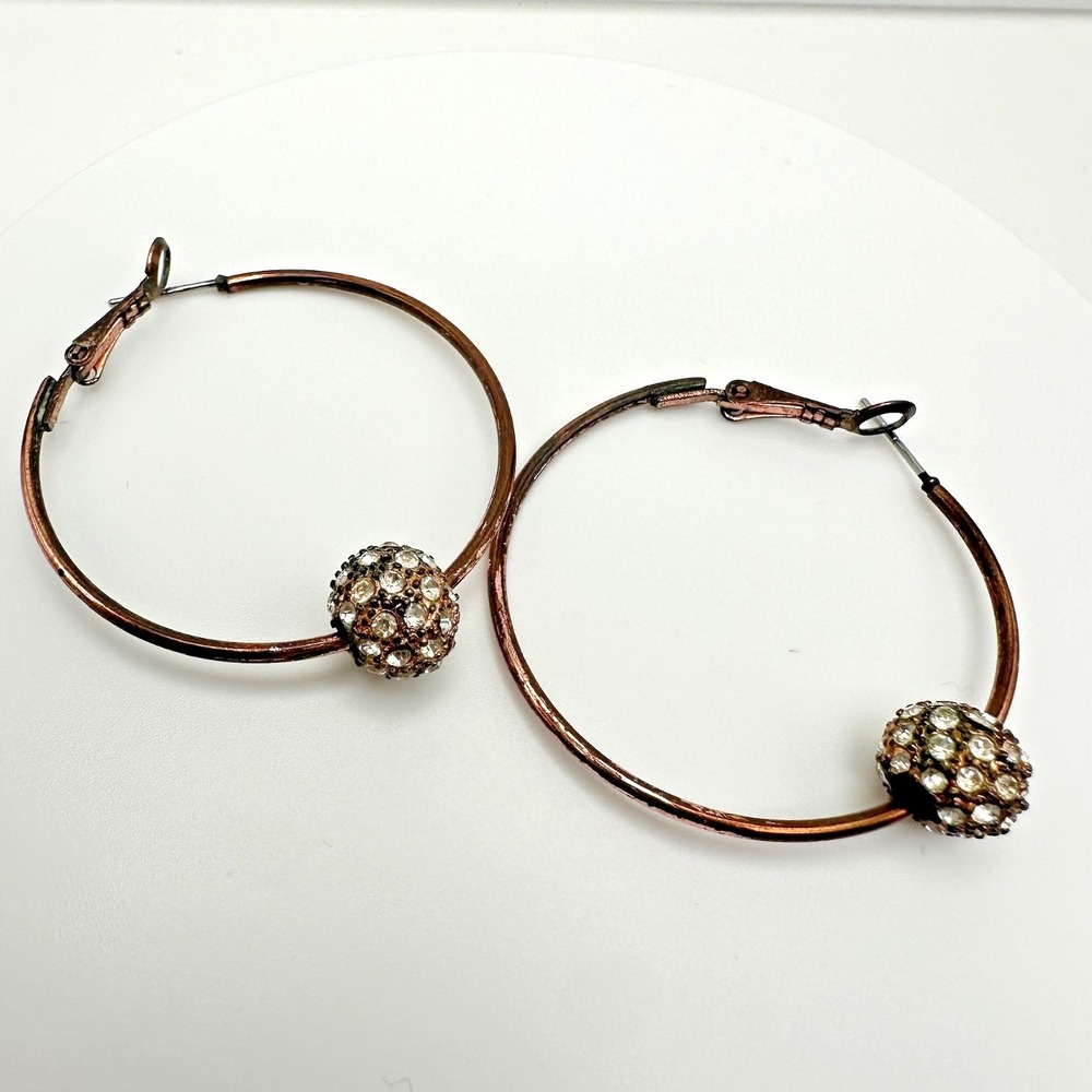 Vintage 70s 80s Hoop Earrings Copper Tone Rhinestone Bead Sparkle Drop Jewelry